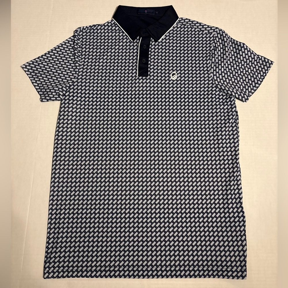 Extracurricular Fontaine Men's Navy and White Patterned Polo Shirt Medium
